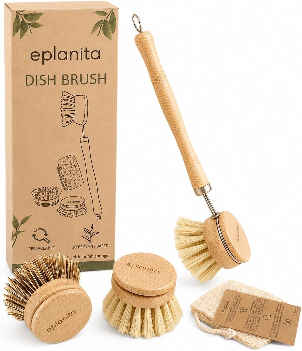 Brosse à vaisselle en bambou avec tête interchangeable